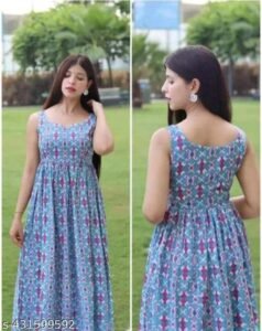 Women Printed Maxi Dress (Light Blue) | Women Printed Sleeveless Kurti | Maxi Dress |