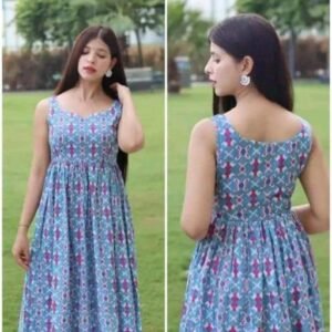 Women Printed Maxi Dress (Light Blue) | Women Printed Sleeveless Kurti | Maxi Dress |