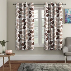 Brown Floral Polyester 5Ft Semisheer Eyelet Window Curtains (Set Of 2)
